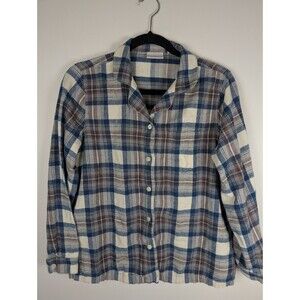 LL Bean Women's Scotch Plaid Flannel Pajama Top Med Petite Blue Button Up 503173